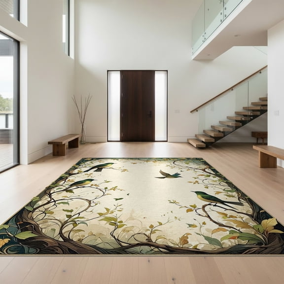 Design&I 4'x6' Washable Area Rug Moody Whimsical Bird Botanical Vintage Scroll Foliage Border for Dorm Room, Living Apartment, Flatweave Daily Traffic Ready