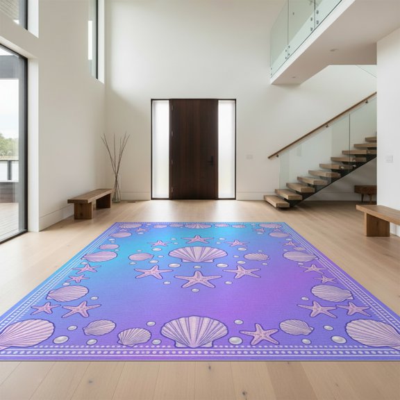 Design&I 4'x6' Washable Area Rug Ombre Kawaii Aesthetic Seashell Pearl Motif Scale Purple Mermaid Refined for Dorm Room, Living Apartment, Flatweave Daily Traffic Ready