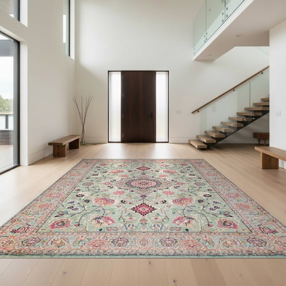 Design&I 4'x6' Washable Area Rug Oushak Boho Floral Vine With Allover Medallion And Bordered Scroll for Reading Nook, Bedroom, Pet Friendly & Non-Slip Built-In Grip