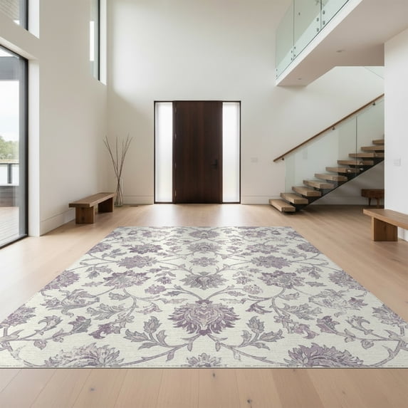 Design&I 4'x6' Washable Area Rug Pet Friendly & Non-Slip Built-In Grip Dorm Print Faded Border Traditional Distressed Plum Purple for Reading Nook, Bedroom