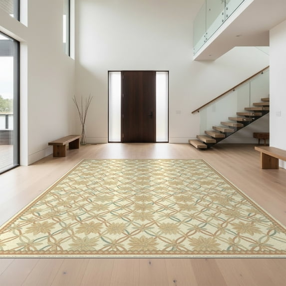 Design&I 4'x6' Washable Area Rug Pet Friendly & Non-Slip Built-In Grip Farmhouse Boho Interlocking Grid Faded Ornamental Teal for Reading Nook, Bedroom