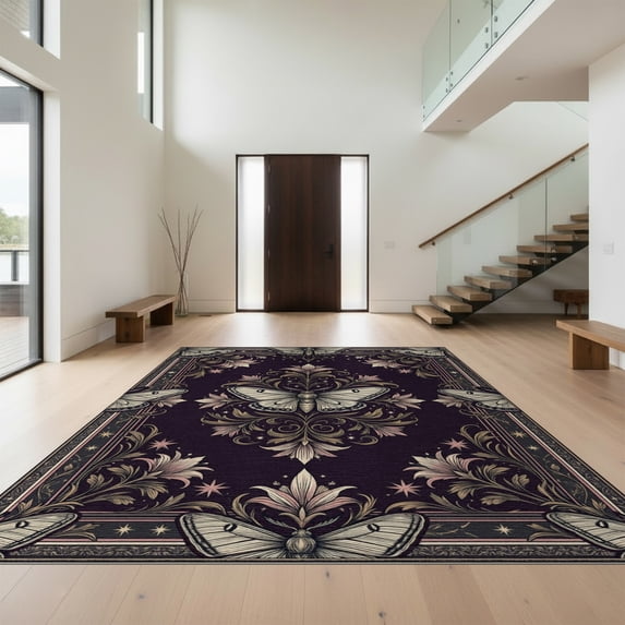 Design&I 4'x6' Washable Area Rug Pet Friendly & Non-Slip Built-In Grip Gothic Layout Motifs Botanical Scroll Border Wildlife Vintage Moth Refined for Reading Nook, Bedroom