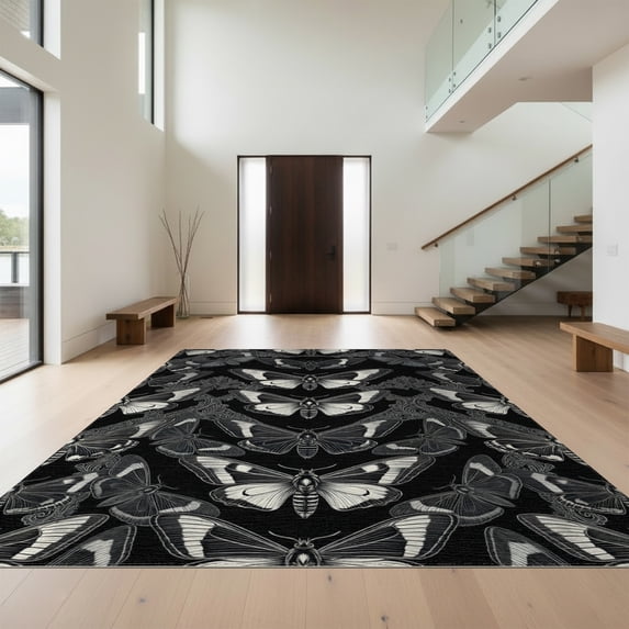 Design&I 4'x6' Washable Area Rug Pet Friendly & Non-Slip Built-In Grip Gothic Symmetrical Moth Delicate Frame Border Bathroom Artwork for Reading Nook, Bedroom