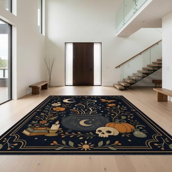 Design&I 4'x6' Washable Area Rug Pet Friendly & Non-Slip Built-In Grip Midnight Blue Enchanted Garden Celestial Motifs Whimsical Floral Mystical for Reading Nook, Bedroom