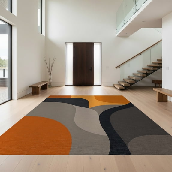 Design&I 4'x6' Washable Area Rug Pet Friendly & Non-Slip Built-In Grip Orange Gray Abstract Geometric Design Elegant Curves and Bold Contrasts in Modern Style for Reading Nook, Bedroom