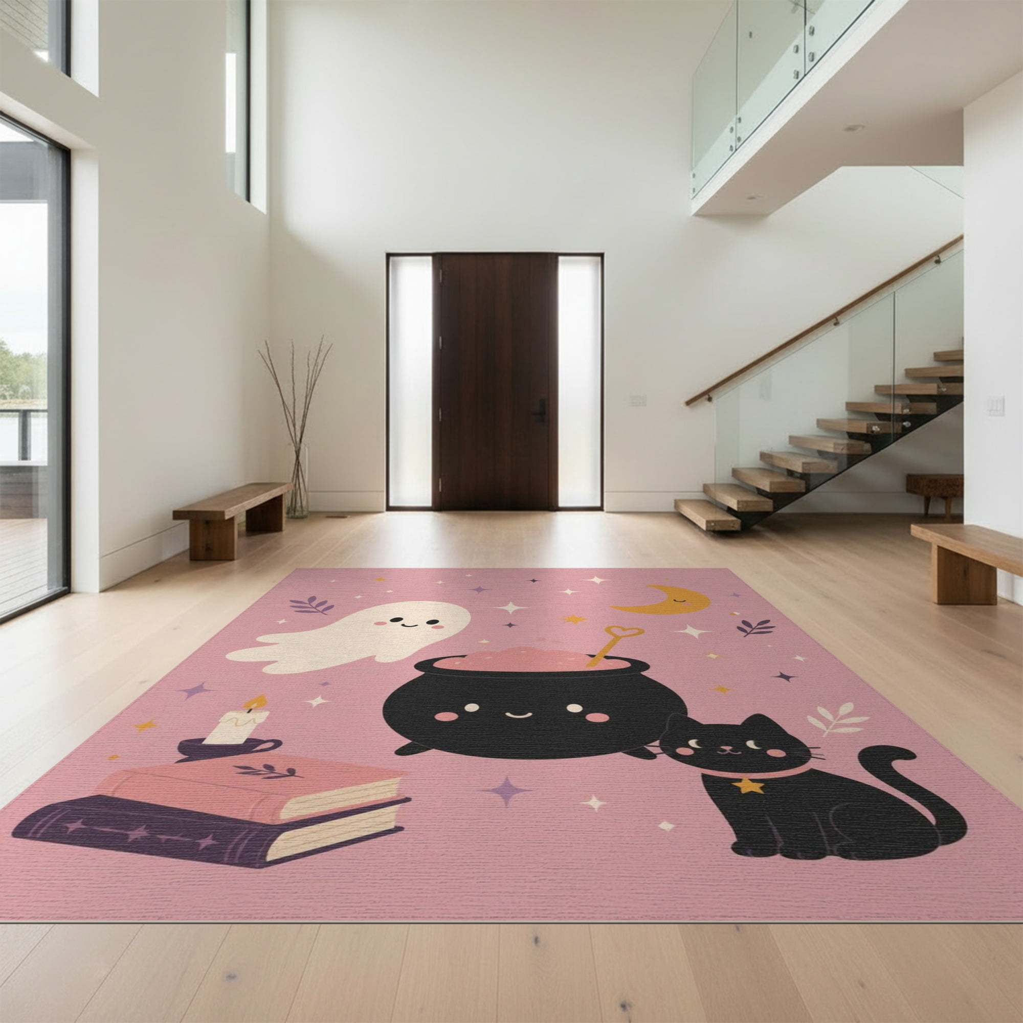 Pink Rug Dorm Design&I 4'x6' Washable Area Rug Pink Black Whimsical Ghost and Cat ...