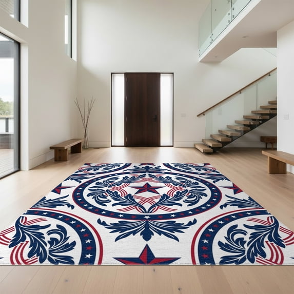 Design&I 4'x6' Washable Area Rug Scroll Border Leaves Striped Wreath Round Patriotic Botanical Playful Expressive for Dorm Room, Living Apartment, Flatweave Daily Traffic Ready