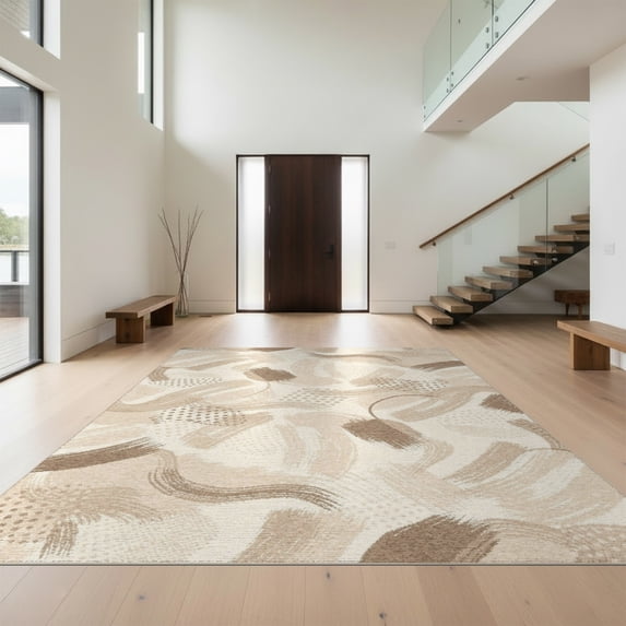 Design&I 4'x6' Washable Area Rug Snag-Free Skid-Resistant Medium Abstract Freeform Ash Taupe Beige Scattered Motifs Asymmetrical for Home Office, Under Desk