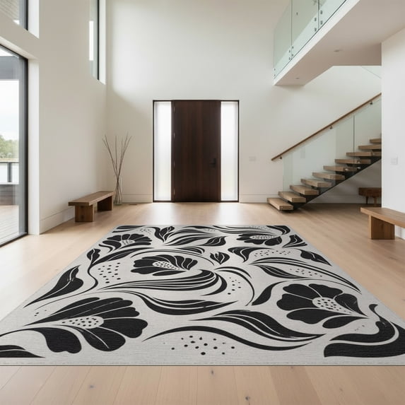Design&I 4'x6' Washable Area Rug Snag-Free Skid-Resistant Medium Black White Floral and Leaf Design Elegant Swirling Foliage with Dotted Accents for Home Office, Under Desk