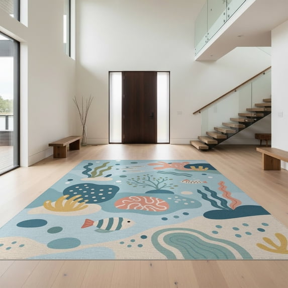 Design&I 4'x6' Washable Area Rug Snag-Free Skid-Resistant Medium Blue Coral Underwater Seascape Illustration Motifs with Fish and Seaweed for Home Office, Under Desk