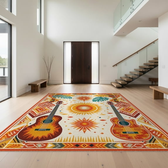 Design&I 4'x6' Washable Area Rug Snag-Free Skid-Resistant Medium Hawaii Guitar Tiki Boho Sunset Motifs Hibiscus Luau Party Surf for Home Office, Under Desk