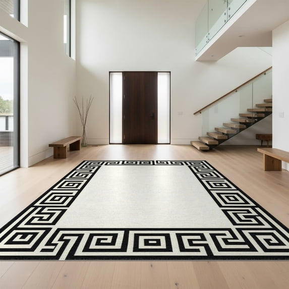 Design&I 4'x6' Washable Area Rug Snag-Free Skid-Resistant Medium Traditional Greek Key Meander Interlocking Border Geometric Motif for Home Office, Under Desk
