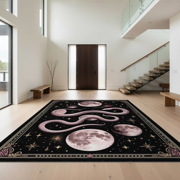 Design&I 4'x6' Washable Area Rug Snake Celestial Gothic Witchy Design Mystical Moon Tarot Symbols for Reading Nook, Bedroom, Pet Friendly & Non-Slip Built-In Grip