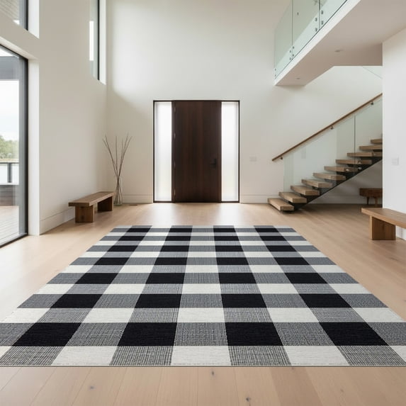 Design&I 4'x6' Washable Area Rug Striped Farmhouse Plaid Inspired Band Grid Front Minimalist Bold for Dorm Room, Living Apartment, Flatweave Daily Traffic Ready