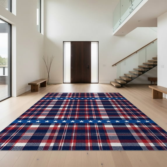 Design&I 4'x6' Washable Area Rug Stripes Welcome Tartan Plaid Door Striped Doormat Patriotic Stars Refined for Reading Nook, Bedroom, Pet Friendly & Non-Slip Built-In Grip