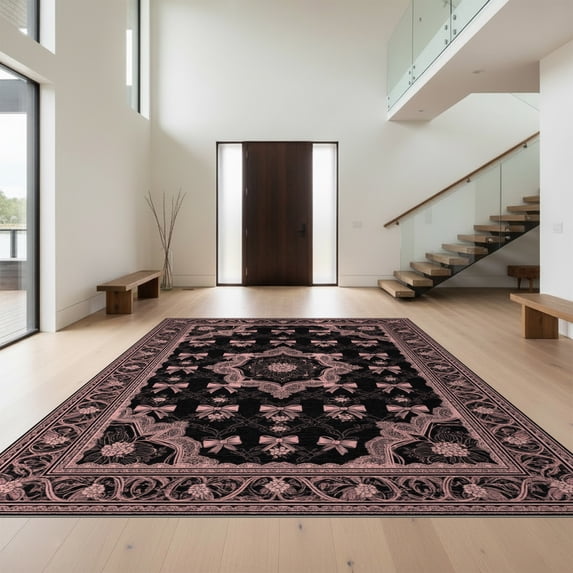 Design&I 4'x6' Washable Area Rug Trellis Vintage Cameo Border Delicate Ribbon Scattered Pink Coquette Refined for Reading Nook, Bedroom, Pet Friendly & Non-Slip Built-In Grip