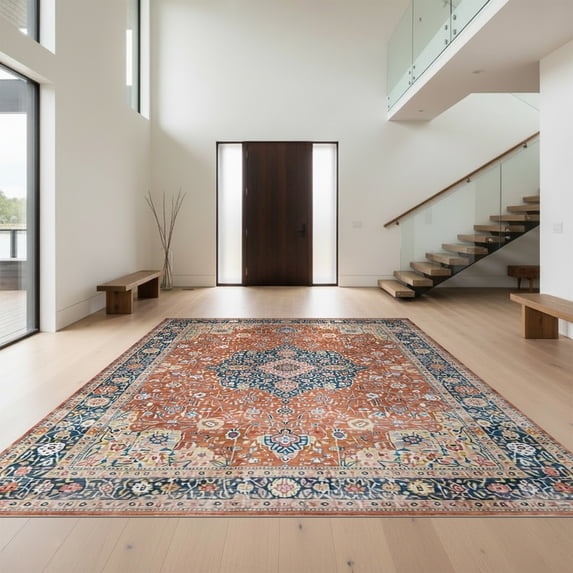 Design&I 4'x6' Washable Area Rug Vintage Boho Kilim Scroll Distressed Border Potbelly Burning for Reading Nook, Bedroom, Pet Friendly & Non-Slip Built-In Grip