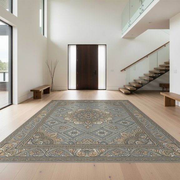 Design&I 4'x6' Washable Area Rug Vintage Distressed Lattice Border Scroll Ornate Latticework Beige Boho Refined for Dorm Room, Living Apartment, Flatweave Daily Traffic Ready