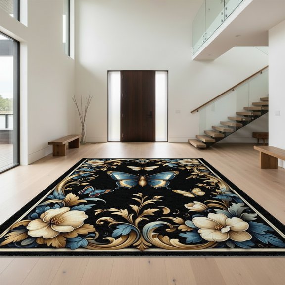 Design&I 4'x6' Washable Area Rug Vintage Moth Gothic Tableau Butterfly Botanical Scrolls Scroll for Dorm Room, Living Apartment, Flatweave Daily Traffic Ready