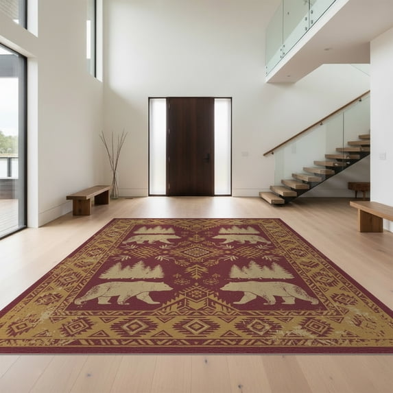 Design&I 4'x6' Washable Area Rug Wildlife Forest Southwestern Border Cabin Distressed Vintage Playful Expressive for Dorm Room, Living Apartment, Flatweave Daily Traffic Ready