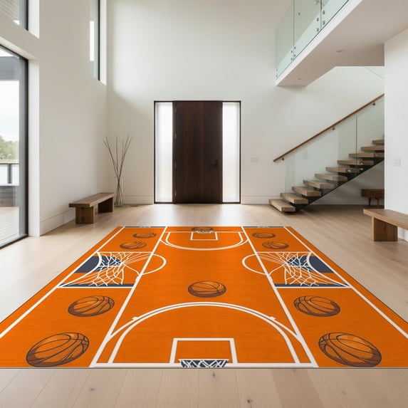 Design&I 5'x7' Ultra Soft Area Rug, Basketball Repeating Hoop Net Motif Bold Stripe Border Center None Fluffy Washable Non Shedding for Bedroom Living Room Home Office
