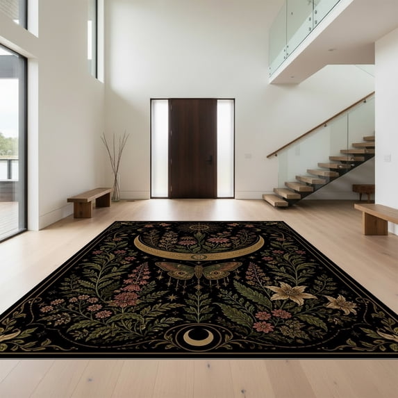 Design&I 5'x7' Ultra Soft Area Rug, Black Gold Celestial Garden and Moth Motif Design Elegant Floral Astral Fluffy Washable Non Shedding for Bedroom Living Room Home Office