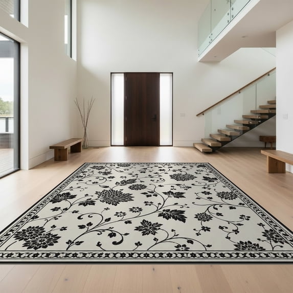 Design&I 5'x7' Ultra Soft Area Rug, Black White Elegant Floral and Vine Design Intricate Blossoms Foliage with Detailed Fluffy Washable Non Shedding for Bedroom Living Room Home Office
