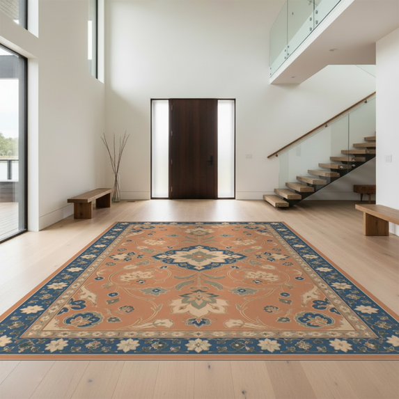 Design&I 5'x7' Ultra Soft Area Rug, Blue Terracotta Floral Elegance Intricate Motif with Classic Border Fluffy Washable Non Shedding for Bedroom Living Room Home Office