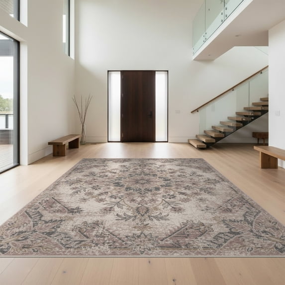 Design&I 5'x7' Ultra Soft Area Rug, Boho Floral Central Emblem Faded Angular Motifs Scrolling Design None Fluffy Washable Non Shedding for Bedroom Living Room Home Office