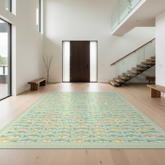 Design&I 5'x7' Ultra Soft Area Rug, Fish Beachy Marine Border Swimming Bathroom Theme Themed Ocean None Fluffy Washable Non Shedding for Bedroom Living Room Home Office