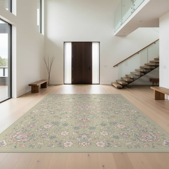 Design&I 5'x7' Ultra Soft Area Rug, Floral Medallion With Scrolling Vine And Botanical Border Oushak Flowing Dynamic None Fluffy Washable Non Shedding for Bedroom Living Room Home Office