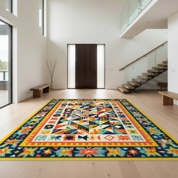 Design&I 5'x7' Ultra Soft Area Rug, Geometric Patchwork Abstract Stars Zigzag Motifs Patterned None Fluffy Washable Non Shedding for Bedroom Living Room Home Office