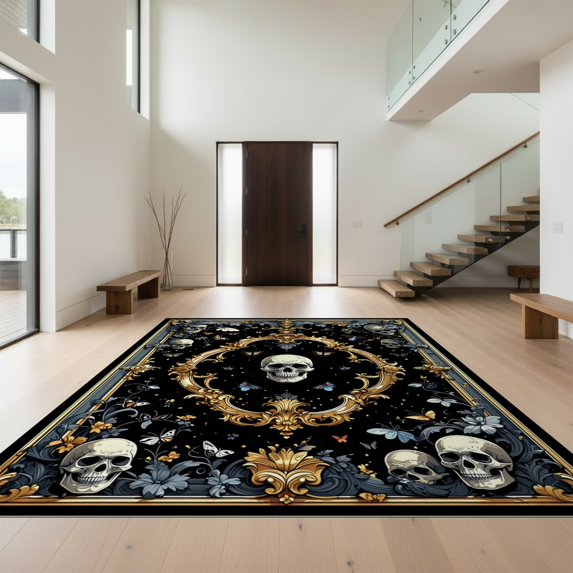 Design&I 5'x7' Ultra Soft Area Rug, Gothic Skull Insect Motif Vintage Baroque Scroll Bathroom Frame None Fluffy Washable Non Shedding for Bedroom Living Room Home Office