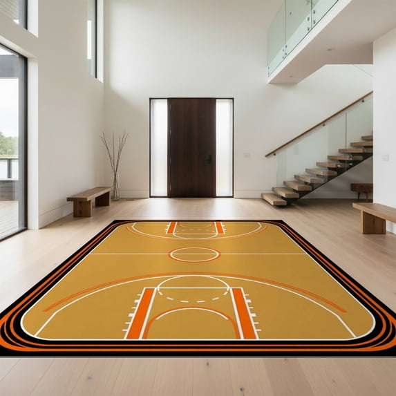 Design&I 5'x7' Ultra Soft Area Rug, Halfcourt Symmetry Bold Arc Border Stripe Center Basketball Print Refined None Fluffy Washable Non Shedding for Bedroom Living Room Home Office