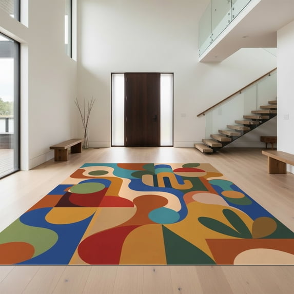 Design&I 5'x7' Ultra Soft Area Rug, Multicolor Abstract Geometric Art Bold Retro Shapes with Fluid Lines Design Fluffy Washable Non Shedding for Bedroom Living Room Home Office