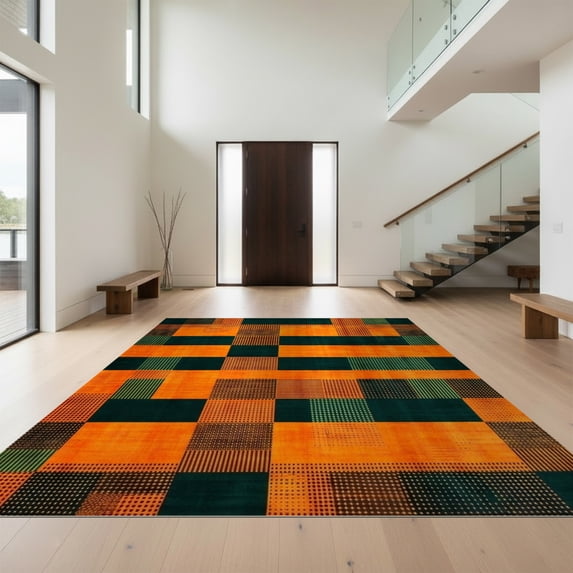 Design&I 5'x7' Ultra Soft Area Rug, Orange Funky Classroom Checkerboard Bold Abstract Grid with Accents Fluffy Washable Non Shedding for Bedroom Living Room Home Office