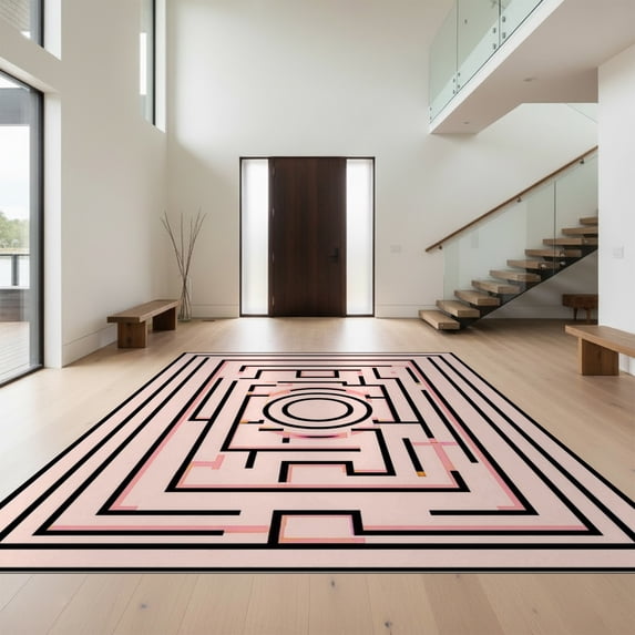 Design&I 5'x7' Ultra Soft Area Rug, Pink Geometric Abstract Concentric Maze Interlocking Mosaic Border None Fluffy Washable Non Shedding for Bedroom Living Room Home Office