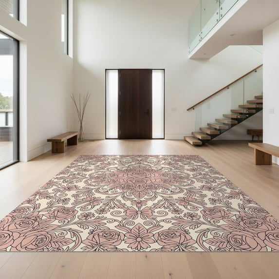 Design&I 5'x7' Ultra Soft Area Rug, Romantic Floral Emblem Curling Vine Motif Delicate Pink Black None Fluffy Washable Non Shedding for Bedroom Living Room Home Office