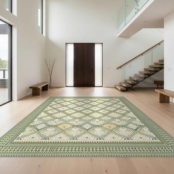Design&I 5'x7' Ultra Soft Area Rug, Sage Lattice Cream Geometric Interlocking Botanical Bathroom None Fluffy Washable Non Shedding for Bedroom Living Room Home Office
