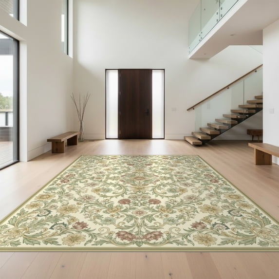 Design&I 5'x7' Ultra Soft Area Rug, Vibrant Traditional Border Featuring Trailing Vine Botanical None Fluffy Washable Non Shedding for Bedroom Living Room Home Office