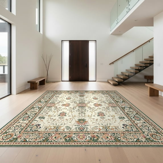 Design&I 5'x7' Ultra Soft Area Rug, Vintage Botanical Floral Damask With Symmetrical Leaf And Vine Motif None Fluffy Washable Non Shedding for Bedroom Living Room Home Office