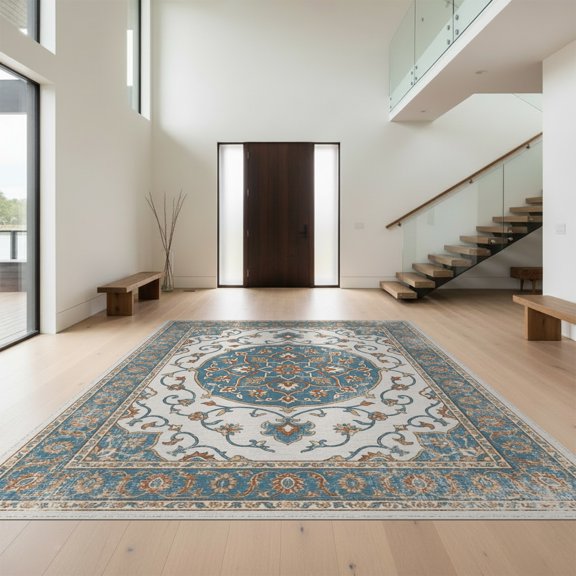 Design&I 5'x7' Washable Area Rug Antique Style Ornate Frame Modern Geometric Balanced Rectangle for Guest Room, Lounge, Apartment, Flatweave & Daily Traffic Ready