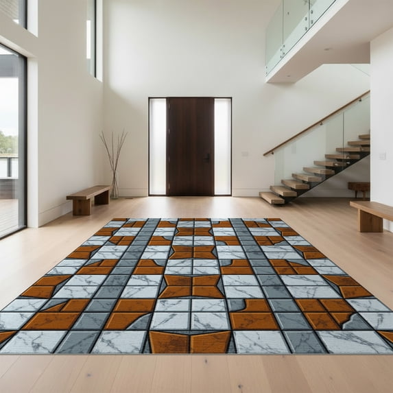 Design&I 5'x7' Washable Area Rug Beige Mottled Tone Symmetrical Print Contemporary Checkered Hallway for Small Living Room, Bedroom, Sleek Flatweave Pet Friendly & Non-Slip