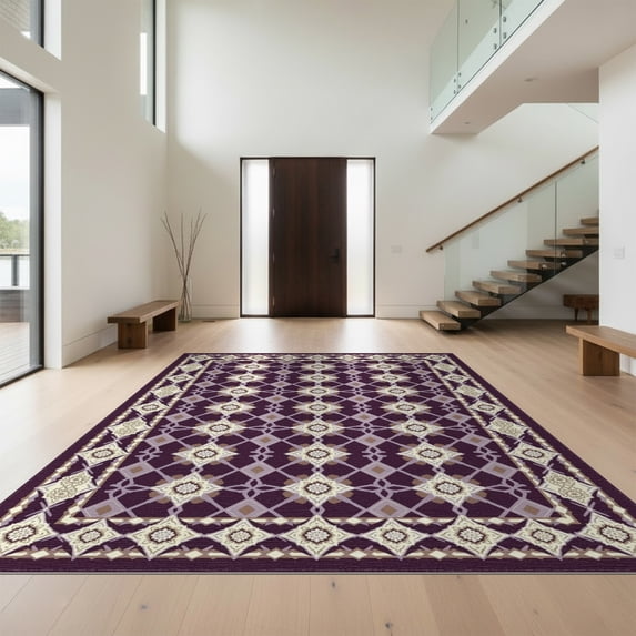 Design&I 5'x7' Washable Area Rug Boho Abstract Lattice Geometric Watercolor Ombre Gradient Purple Flowing Dynamic for Dining Room, Under Table, Home Office, Snag-Free, Skid-Resistant