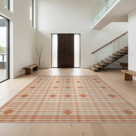Design&I 5'x7' Washable Area Rug Checkered Dot Neutral Geometric Contemporary Plaid Beige Terracotta for Dining Room, Under Table, Home Office, Snag-Free, Skid-Resistant