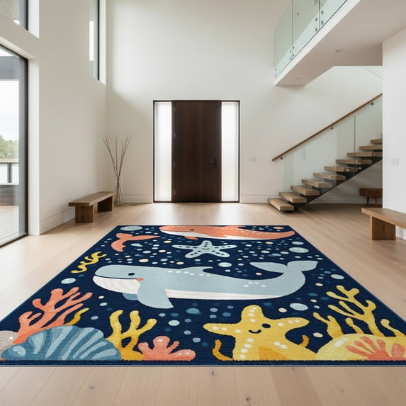 Design&I 5'x7' Washable Area Rug Classroom Ocean Creature Cartoon Whale Starfish Animals Under for Guest Room, Lounge, Apartment, Flatweave & Daily Traffic Ready