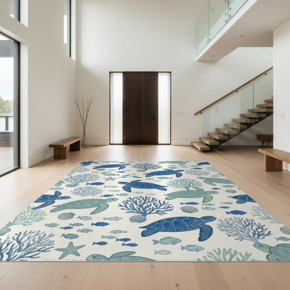 Design&I 5'x7' Washable Area Rug Fish Marine Reef Turtle Coral Seashell Nautical Ocean Motifs for Dining Room, Under Table, Home Office, Snag-Free, Skid-Resistant