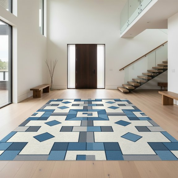 Design&I 5'x7' Washable Area Rug Flatweave & Daily Traffic Ready Bathroom Minimalist Intersecting Blocks Abstract Contemporary for Guest Room, Lounge, Apartment