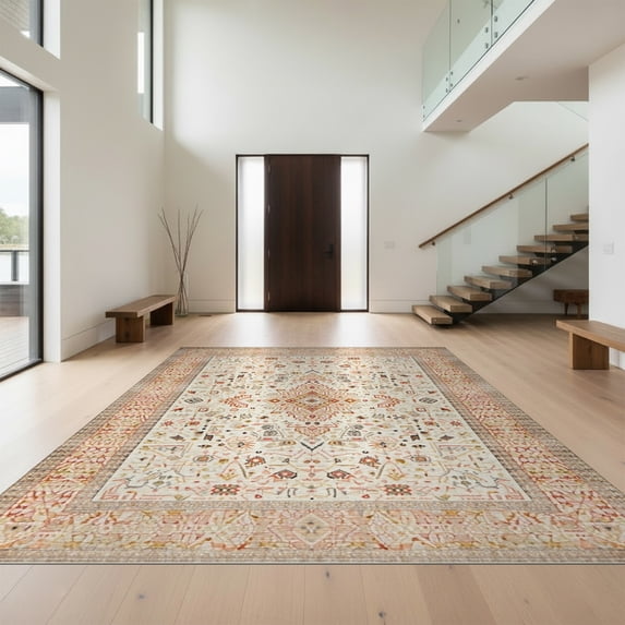 Design&I 5'x7' Washable Area Rug Flatweave & Daily Traffic Ready Beige Tan Neutral Boho Cream Geometric Tone Textured Pile for Guest Room, Lounge, Apartment