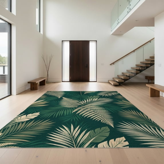 Design&I 5'x7' Washable Area Rug Flatweave & Daily Traffic Ready Dinosaur Deep Forest Botanical Abstract Oversized Decorations for Guest Room, Lounge, Apartment